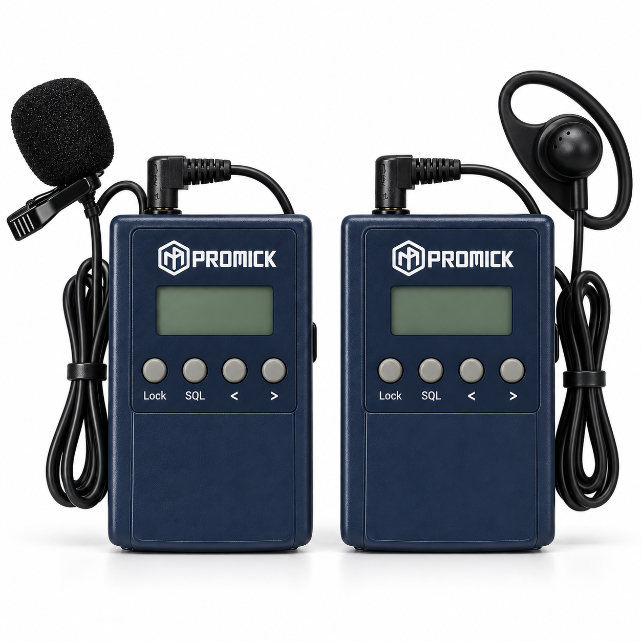 Dua receiver interpreter digital dengan mikrofon dan earpiece