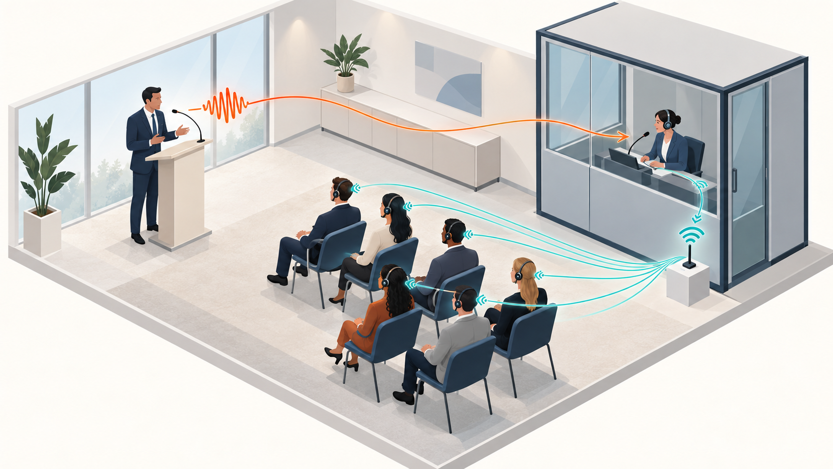 Ilustrasi interpretasi simultan: pembicara dan interpreter bekerja bersamaan, sementara beberapa audiens menyimak melalui headset